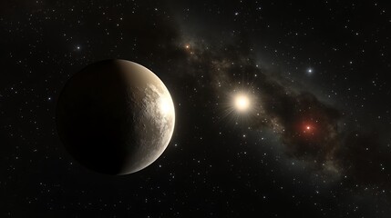 A rendered image of a distant planet in space