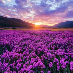 Fototapeta premium Vibrant Purple Flower Field at Sunset, Stunning Mountain Landscape