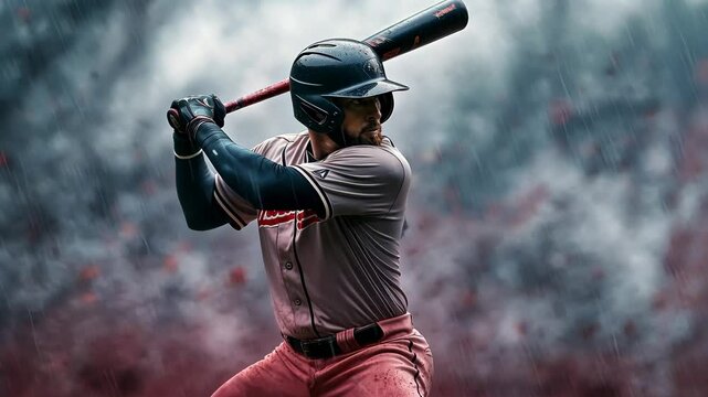 Baseball Player Helmet and Uniform Poised to Bat Rainstorm, Capturing Intensity and Focus of Athlete Amidst Dynamic Scene with Blurred Background, Highlighting Energy and Determination