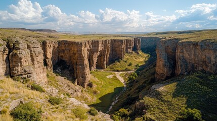 Aerial view of colossal canyon cliffs, their ancient formations revealing the passage of time.
