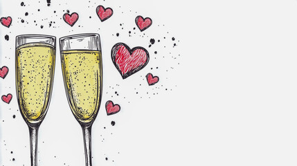 Coquette aesthetic elements of hand drawn line art. Champagne Cascade in simple crayon and sketch style. Symbols for Valentine day and invitations templates isolated on white.