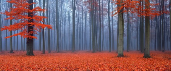 Obraz premium Misty autumn forest floor covered in vibrant red leaves. Tall trees create a magical, serene atmosphere
