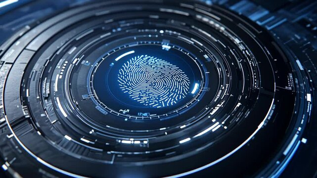 Futuristic Digital Fingerprint Design Blue Circular Patterns and Glowing Elements Symbolizing Security, Technology, and Innovation in Modern Aesthetics.