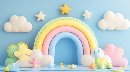 Background podium baby cute product 3d cloud kid children display banner room toy design blue. Podium scene background rainbow baby stand studio presentation shower template stage poster sky
