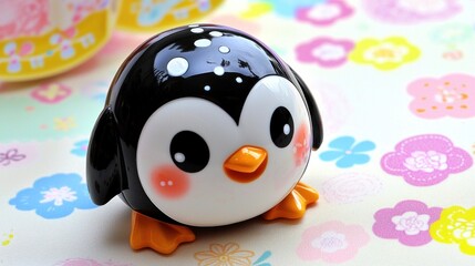 Cute cartoon penguin toy on colorful floral background