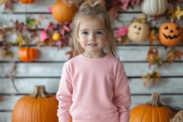 Kids Halloween tshirt mockup. Little girl model in pink weatshirt, standing near pumpkin holiday decoration background. Kids autumn, fall long sleeve tshirt mockup. Blank jumper template
