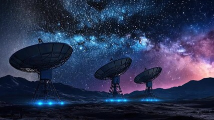 Night sky with radio telescopes gazing at the cosmos, vibrant stars and the Milky Way illuminating a serene landscape in outer space exploration