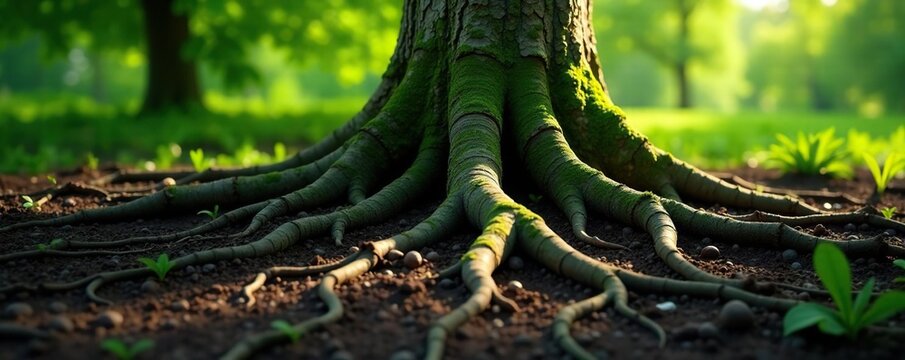 Tree roots spreading out from the base of the trunk, texture, roots
