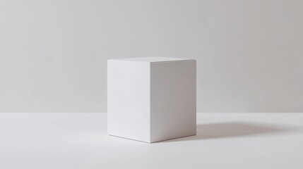 A single, clean, white cube sits on a white surface against a white background.