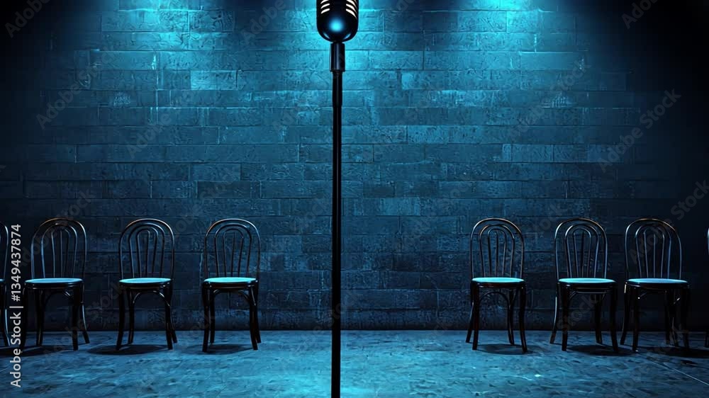 Aufkleber modern microphone stand in a dimly lit venue with blue lights and empty chairs against a textured wa