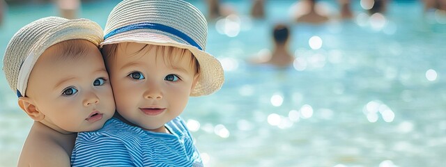 Twin Babies in Straw Hats by Pool