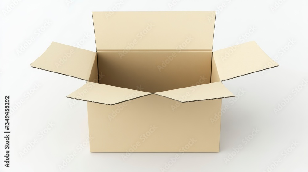 Poster open empty light brown cardboard box isolated on white background.