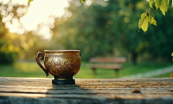 A vintage ceramic coffee cup sits on a wooden surface outdoors, with a blurred park bench and lush greenery in the background, creating a peaceful and cozy atmosphere.  
