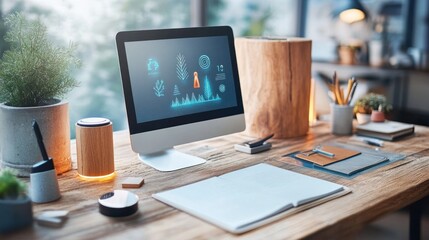 Naklejka premium Modern workspace with computer displaying environmental data