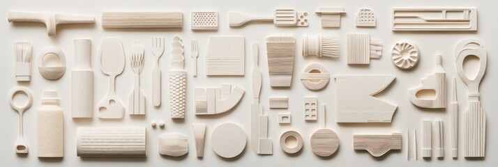 Minimalist arrangement of off-white sculpted household items