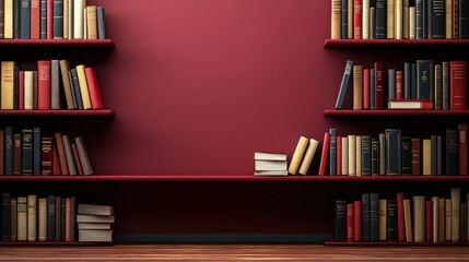 Bookshelves filled with various books against a deep red wall