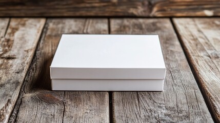 White rectangular box on rustic wooden surface.