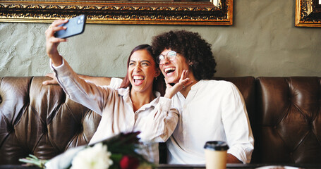 Date, laughing and selfie with couple in coffee shop together for bonding, memories or romance....