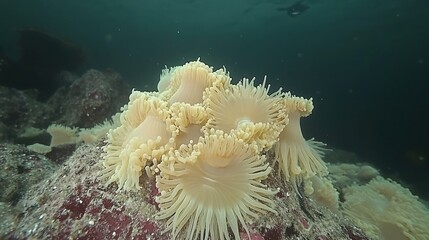 Pale sea anemones cluster on ocean floor