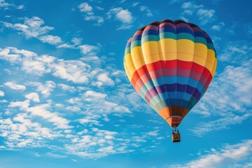 Fototapeta premium Colorful hot air balloon floats peacefully in the bright blue sky with fluffy clouds during a sunny day in a rural landscape
