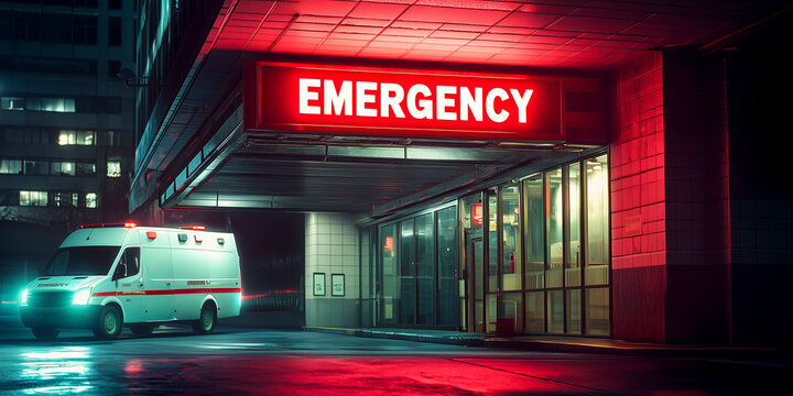 Ambulance with lights on parked at the emergency entrance of a hospital during the night - hospitals and emergency medical services concept