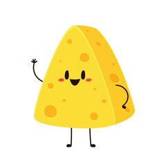 Cute happy cheese character. Funny food emoticon in flat style. Dairy emoji vector illustration.