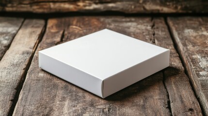 Fototapeta premium Blank white square box on rustic wooden surface.