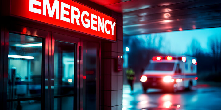 close up of an illuminated red emergency sign at a hospital entrance, with an ambulance arriving at night with lights flashing - hospitals and emergency medical services concept