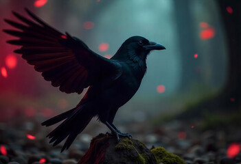 Fototapeta premium A black crow with open wings standing on a rock in a forest with a foggy background and red lights