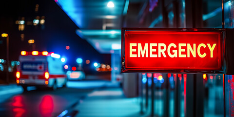close up of an illuminated red emergency sign at a hospital entrance, with an ambulance arriving at night with lights flashing - hospitals and emergency medical services concept