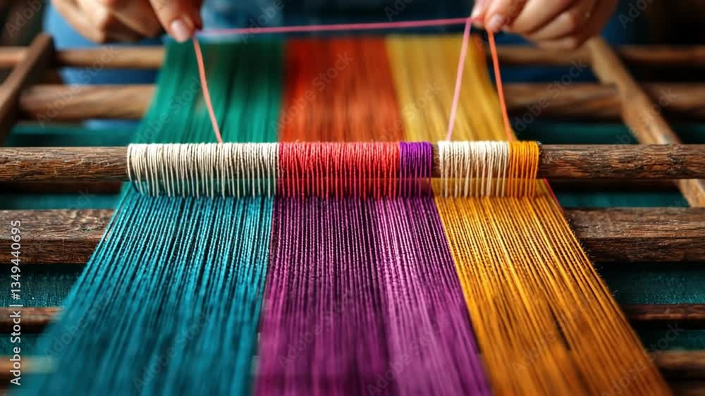 Poster close-up of hands working with colorful threads on a loom, crafting vibrant textile patterns in a tr