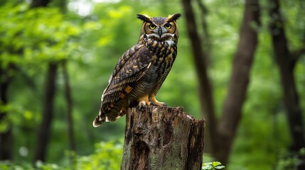 Owl perched on stump, forest background, wildlife, nature