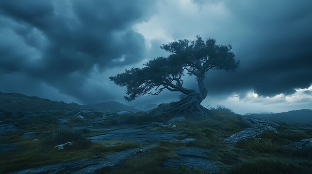 A majestic tree standing alone on a mountain with dark stormy clouds rolling in over a wide expansive landscape below