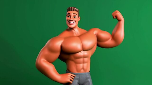 Muscle-building characters, 3D cartoon bodybuilder flexing muscles with strong poses on green screen, animated 3D cartoon character in fitness flex, confident 3D cartoon bodybuilding animation.