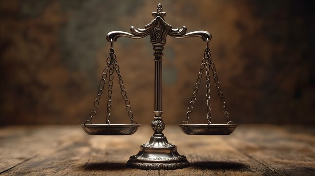 Vintage scales balancing various symbols of justice and fairness on a rustic wooden table displaying timeless appeal
