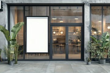 Logo poster promotion design mockup. Blank empty clear glass doors for advertising banner frame template mock up displayed at the front of cafe bar restaurant or coffee shop