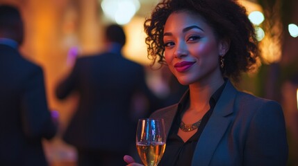 A businesswoman networking at an upscale corporate event