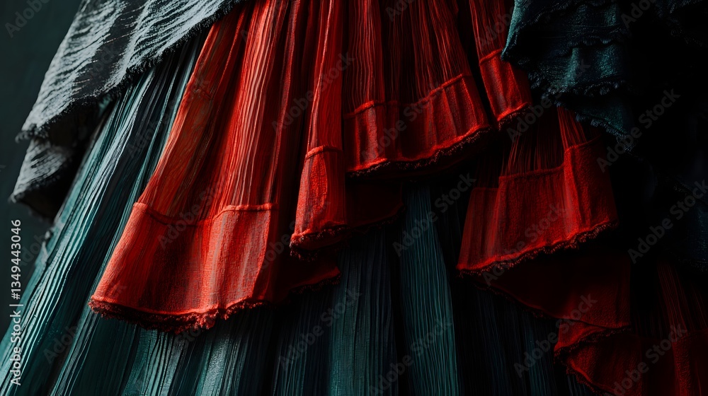Poster artistic styling of layered skirts combining different textures and colors with a dress featuring a 