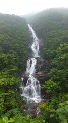 Lush green foliage surrounds a tall, cascading waterfall