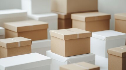 Fototapeta premium Many cardboard boxes in various sizes and colors, stacked on a white surface.