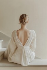 Obraz premium Elegant female in white dress with open back sitting gracefully on steps