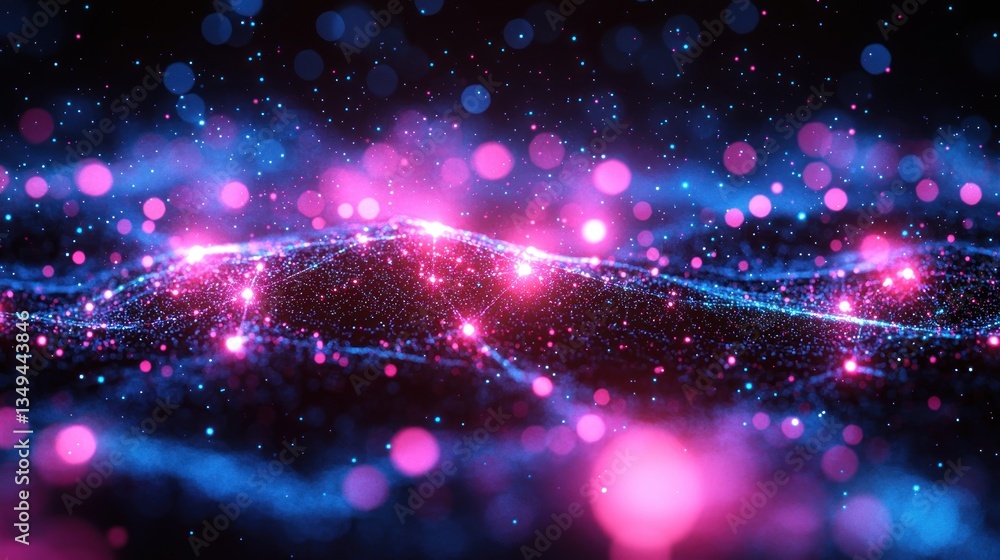 Poster vibrant particle field with pink and blue light bokeh effect background