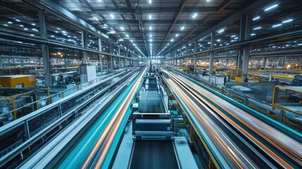Fototapeta premium Vast factory interior with long, motion-blurred conveyor belts