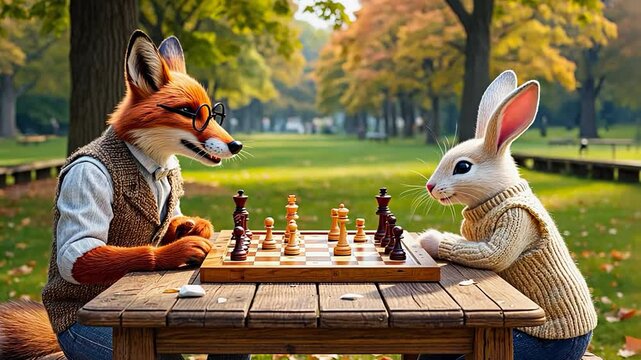 anthropomorphic fox and hare playing chess in the park