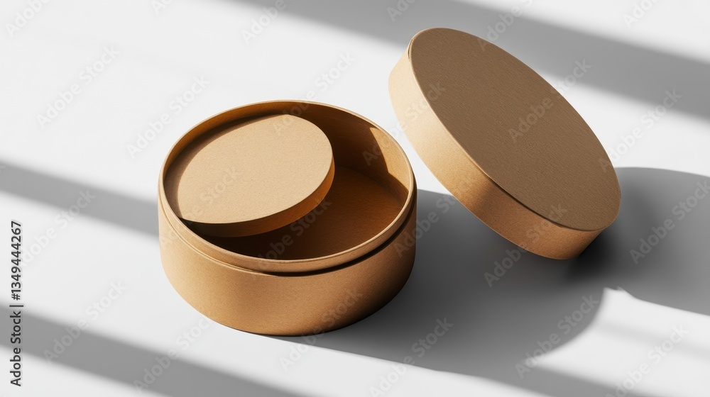 Poster Open round cardboard box with lid slightly ajar on white background with shadows.