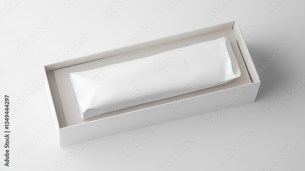 Poster white rectangular box containing a blank white pouch.