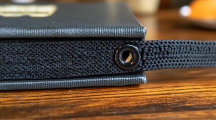 Closeup of dark gray book cover with black fabric strap and button