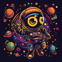 Smiling Cartoon Robot Astronaut Floating in Space with Planets and Stars