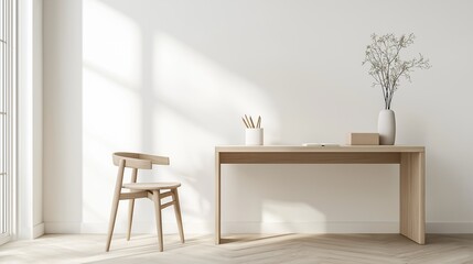 Corner of a room with a wooden desk and a wooden chair. the desk is made of light-colored wood and has a rectangular shape with a flat top.