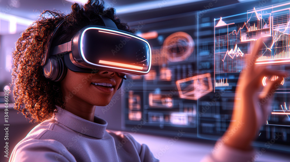 Poster person futuristic classroom engaging with virtual reality technology, showcasing advanced data visua